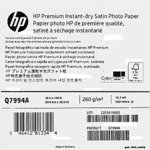 

HP Premium Instan-dry Satin Photo Paper Q7994A 261microns(10.3mil) 260g/m2 914mm x 30,5m