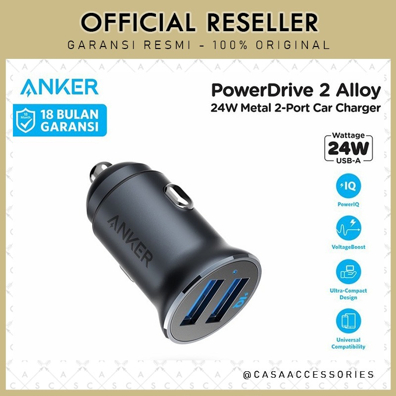 Anker Powerdrive 2 Car Charger Mobil 24W 12W Dual Port USB-A - A2727