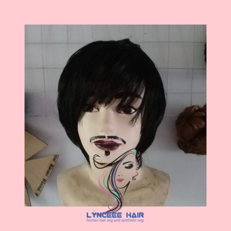 Wig Pria Pendek Belah Samping Lurus Natural Rambut Palsu Cowok gaya Korea Poni Depan Murah Berkualit