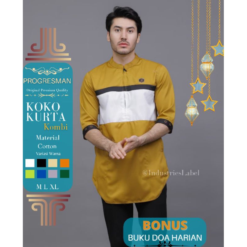 PROGRESS MAN Baju Muslim Pria Dewasa Premium  Kurta Koko Cowok Original Lengan Tiga Perempat kurta Pakistan Terbaru Lebaran 2023 Warna HIJAU ARMY