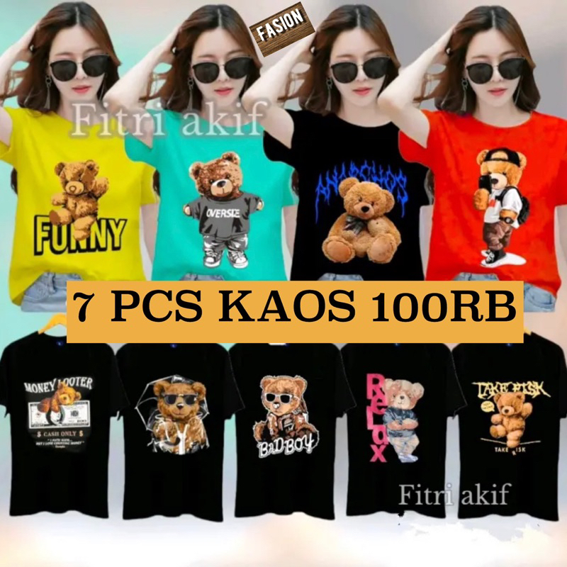 Promo Kaos 100RB Dapat 7 Pcs Baju Motif Distro Tedy Bear Beruang Boneka Bisa Untuk Pria Dan Wanita D