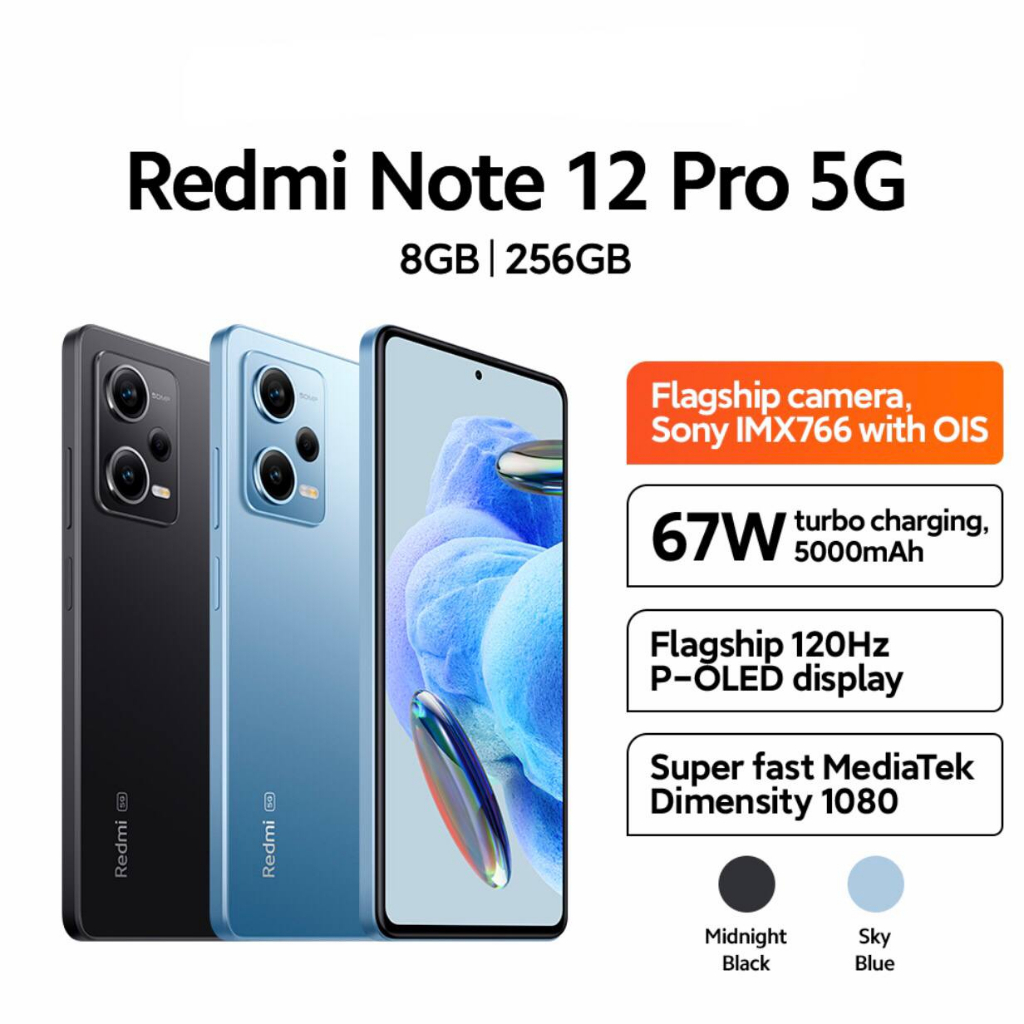 Xiaomi Redmi Note 12 Pro 5G | 8GB+256GB | Dimensity 1080 | SONY IMX766 50MP Camera | 6.67 OLED | NFC | IP53 | Li-Po 5000mAh | Garansi Resmi Xiaomi 15 Bulan