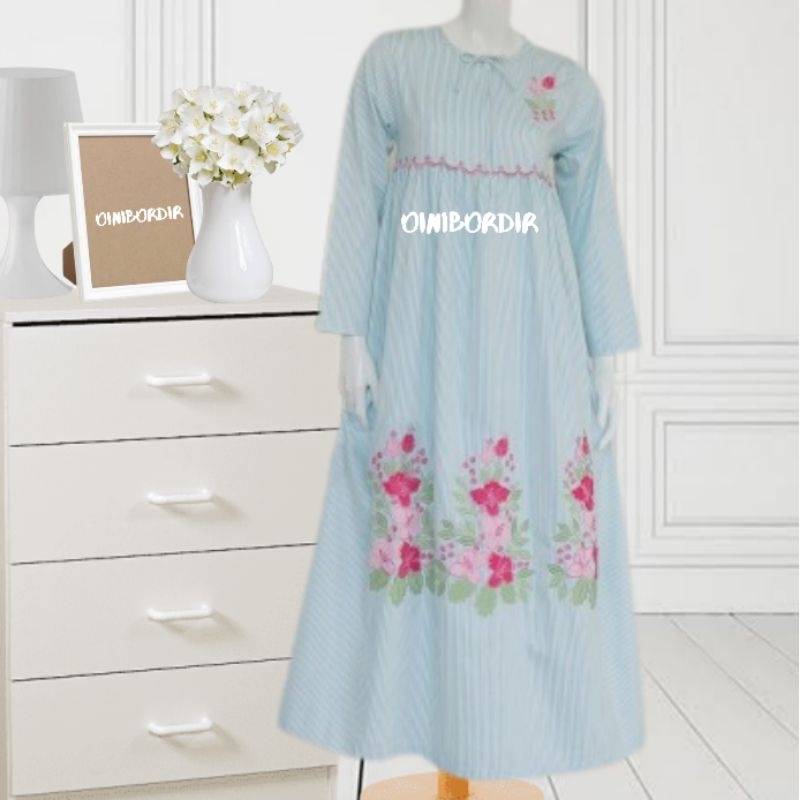 Dress Bordir Katun Jepang Busui Bumil Murah Saku Dalam Daster Biru Muda Bunga Pink