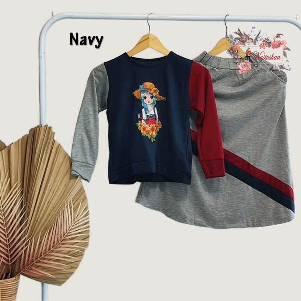 Setelan Anak Perempuan Bahan Babyterry Oneset Kids Atasan + Rok Panjang Kombinasi Warna Motif Karakter Sablon Untuk Anak Usia 7-10 Tahun