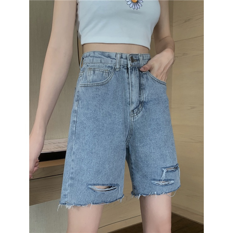 EUNII Celana Pendek Denim Wanita Celana Jeans HighWaist Vintage Korean Style