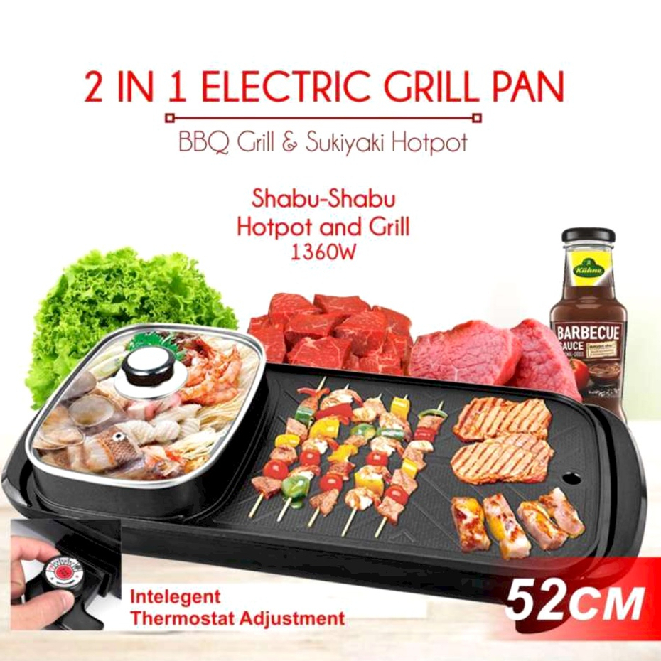 TERMURAH (2 IN 1) Alat Panggang daging Listrik 2 in 1 &amp; HotPot BBQ Grill Pan Tempat Pemanggang Daging / Alat Panggang Daging  Multifungsi