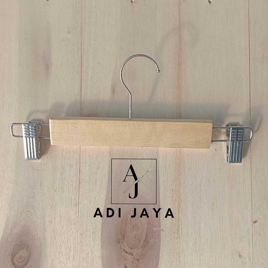 HANGER KAYU NATURAL CELANA DEWASA JEPIT BESI