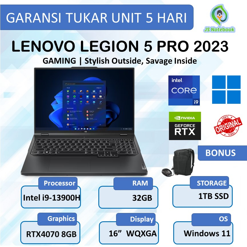 LENOVO LEGION 5i PRO 2023 RTX4070 8GB i9-13900HX 32GB 1TB SSD W11 240Hz