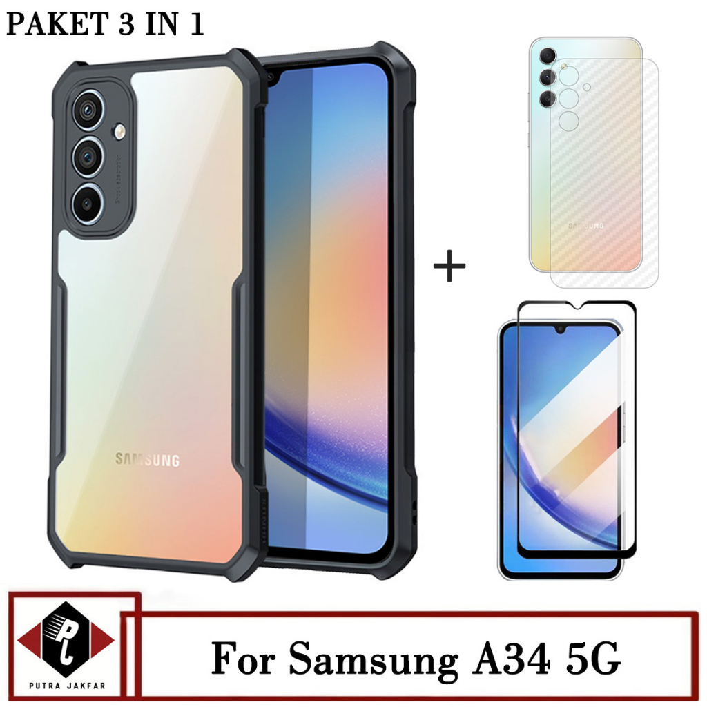 Paket 3in1 Case Transparan Terbaru Samsung A34 5G Free Tempered Glass Layar dan Garskin