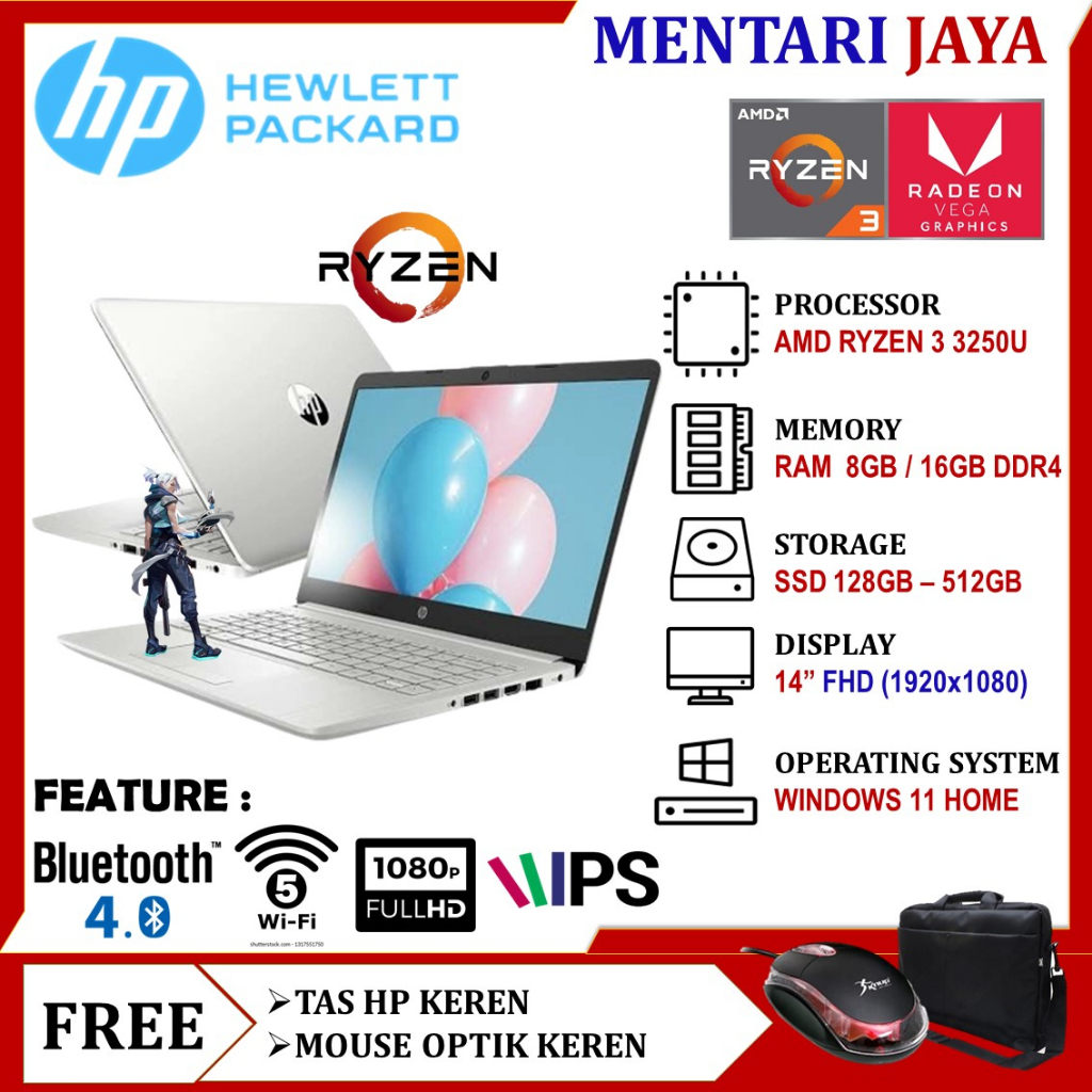 LAPTOP HP 14 AMD RYZEN 3 RAM 4GB 8GB SSD 128GB 256GB 512GB RADEON WINDOWS