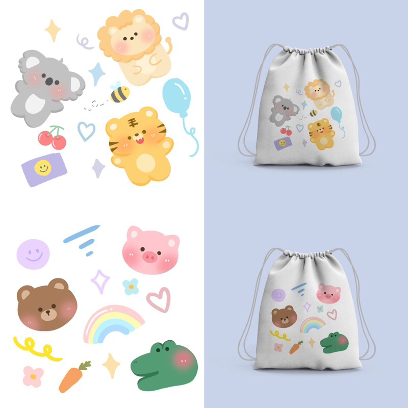 Tas serut atau string bag dan tote bag bergambar karakter cute dan lucu hewan/animal/lion/pig/bear/frog/duck