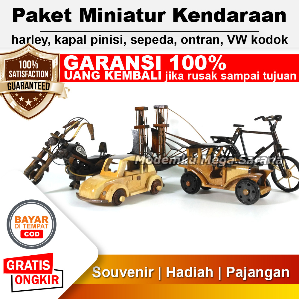 Diecast Miniatur Kayu Kendaraan Mobil Kapal Sepeda - Isi 5 pcs