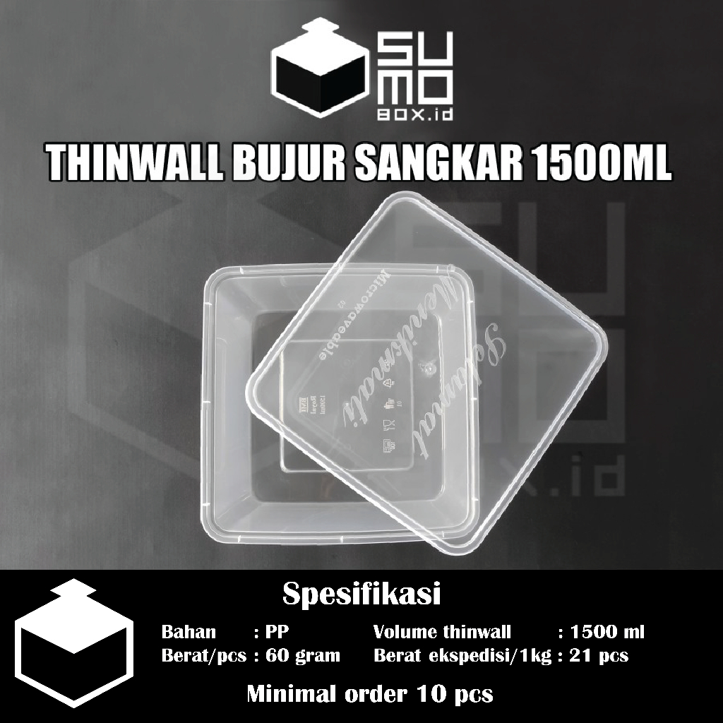 Thinwall BUJUR SANGKAR 1500ml + Tutup / Kotak Makan Plastik 1500 ml FREE PACKING [ECERAN]