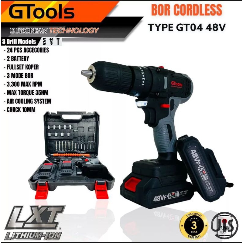 Bor cordless GTOOLS EROPA GT04 48v 13mm brushless impact drill full setk mesin bor beton besi kayu s