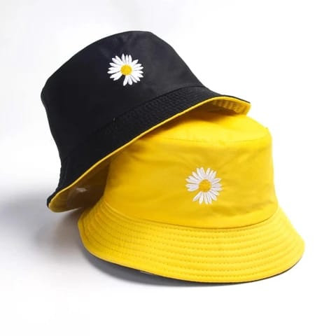 NEW Bucket Dua Sisi Anti Uv Motif Bordir Bunga Daisy Bahan Katun Twill / Bucket Bordir Bunga