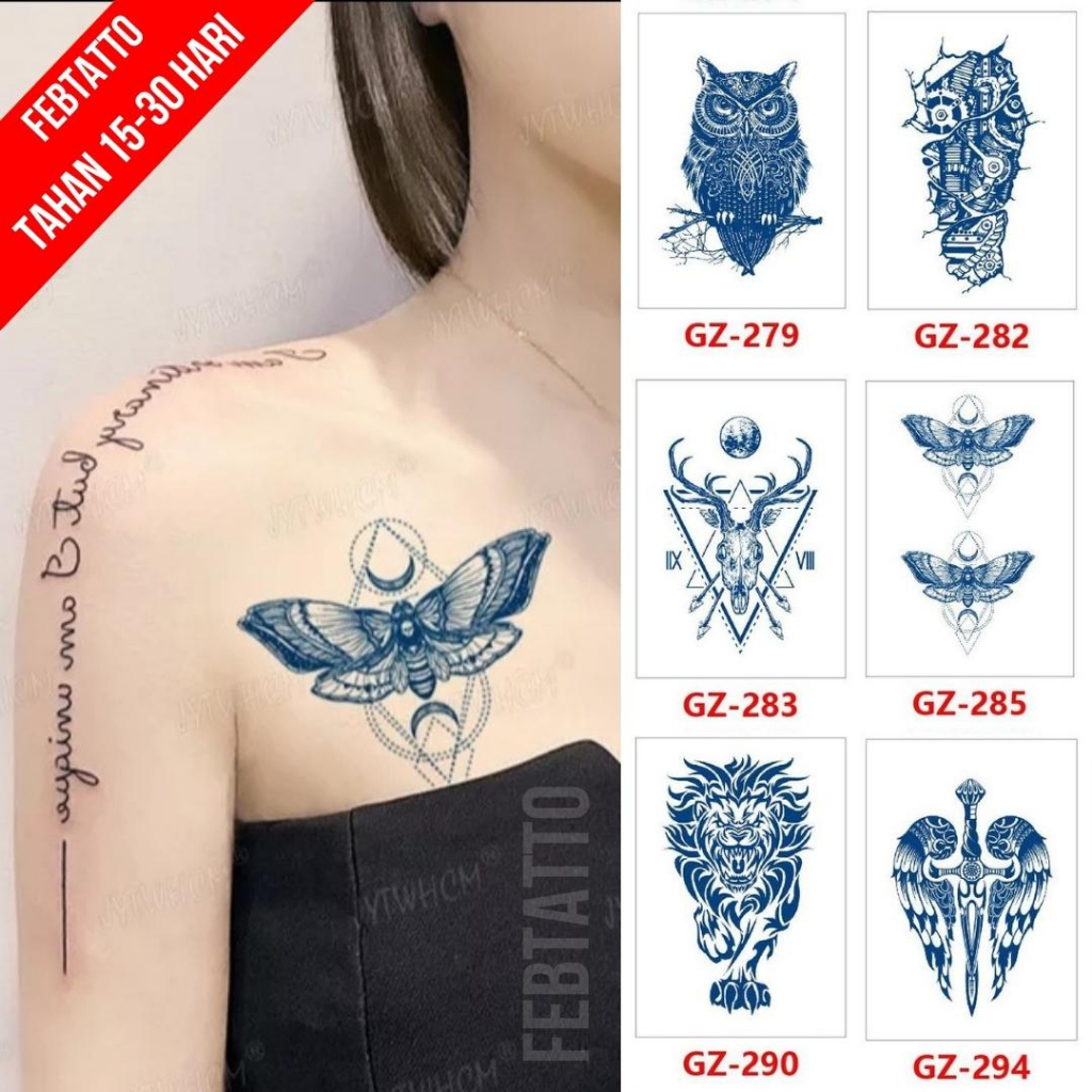 Tato Semi Pemanent Tahan 1 Bulan Ukuran 11cmx18cmTato Lengan Tato Dada Tato tangan Tato Kaki Tato Punggung Motif Aesthetic Tatto Temporary Stiker Tato Halal Grosir Tato air motif burung hantu, tribal robot, kepala rusa, kupu kupu, macan, sayap GZ 285