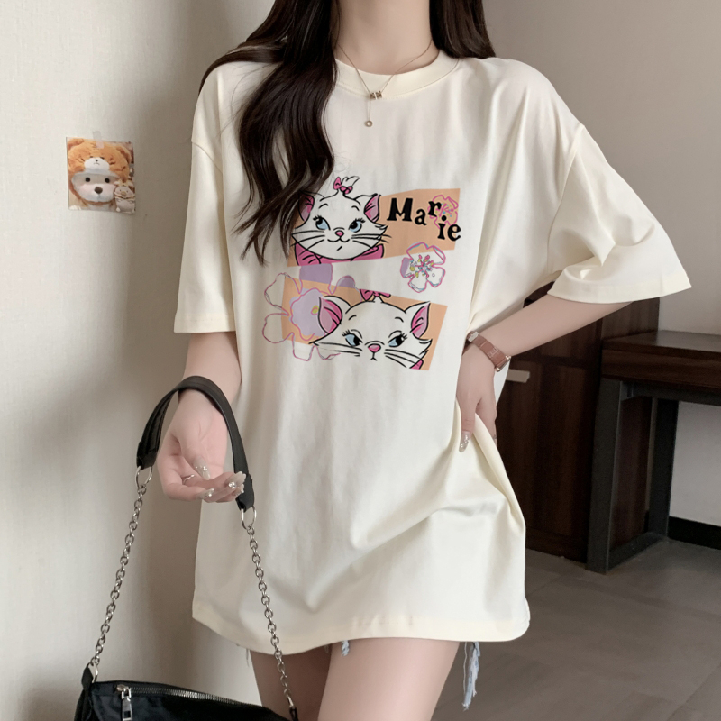 XIAOZHAINV Kaos Atasan Oversize Wanita Cat Anime Pattern Lengan Pendek A0536