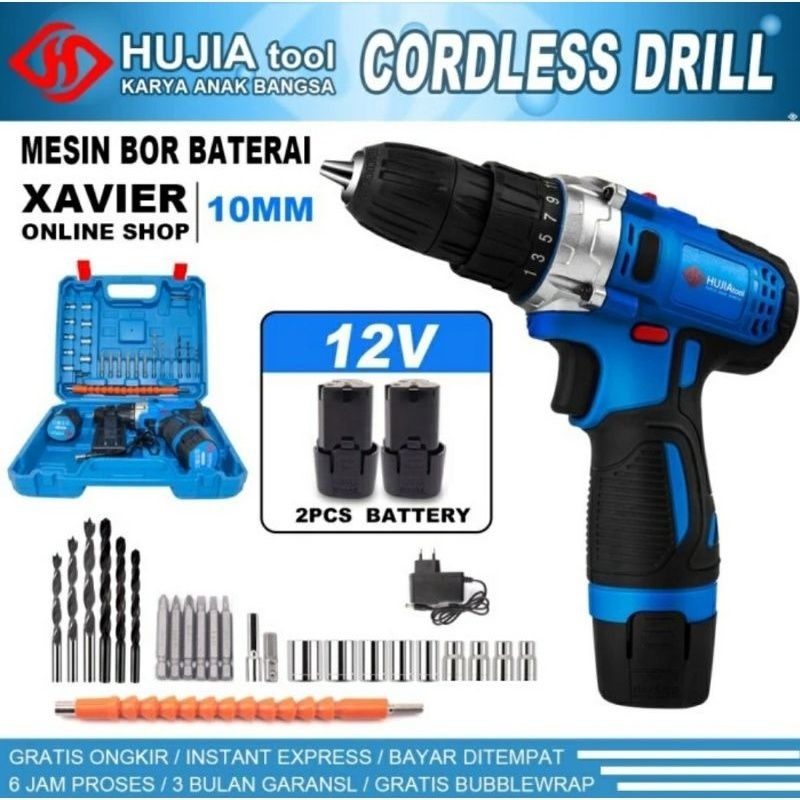 Mesin Bor Baterai Hujia 12Vf cordless hujia pro1012 fullset ACC. Bor tangan bor besi bor kayu bor te