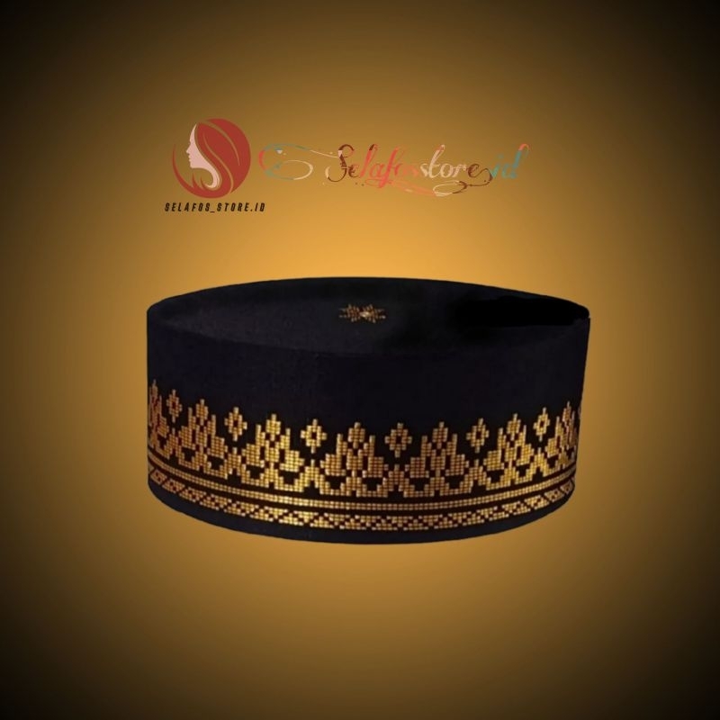 Peci Songkok Kopiah Hitam Motif Songket Batik Warna Gold tinggi 9cm Murah Berkualitas - 10 Peci pria