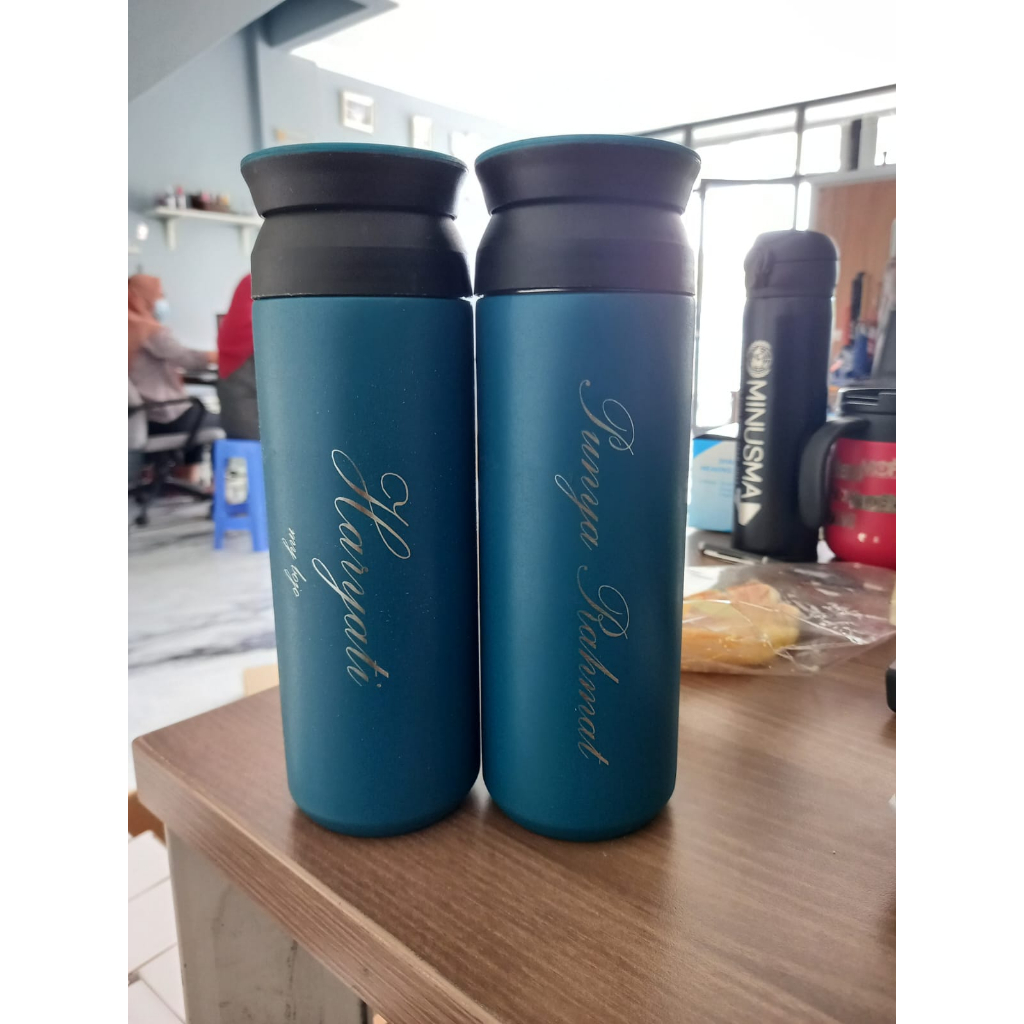 TUMBLER CUSTOM ECERAN GROSIR Tumbler Travel Premium 500ml + grafir cetak Nama Logo Laser Grafir Souvenir Promosi