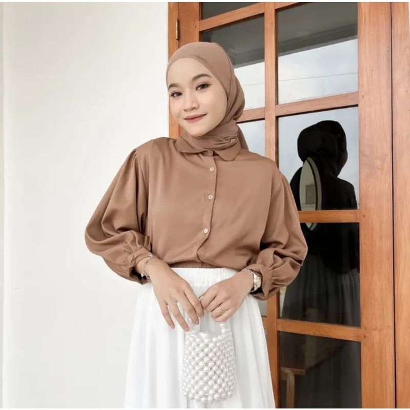 Kemeja Wanita Basic Blouse elze terbaru tangan balon Bahan Shakila Twill