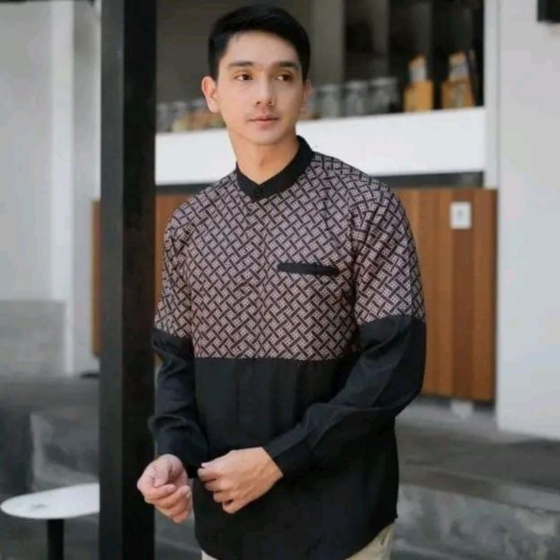 Baju Koko Pria Dewasa Lengan Panjang Motif Kobata Qynang Kombinasi Batik Terbaru