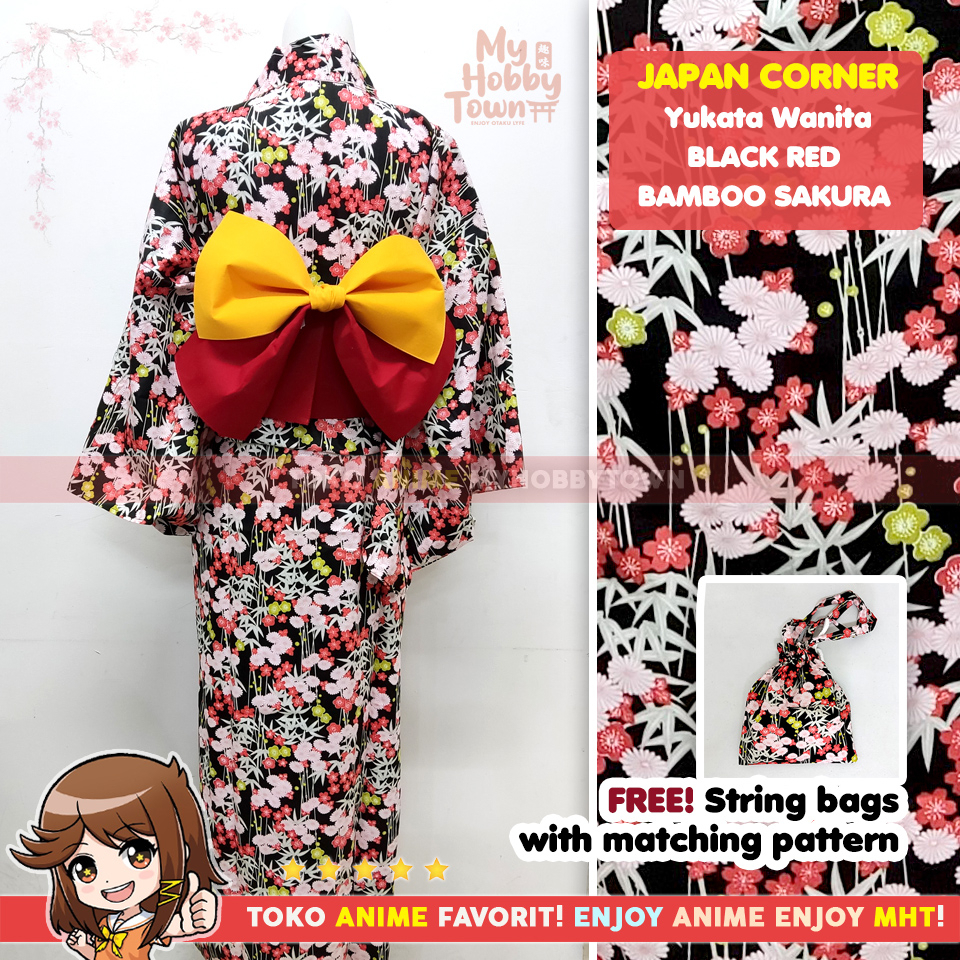 Yukata Kimono Wanita : Black Red Bamboo Sakura