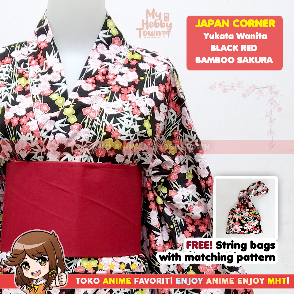 Yukata Kimono Wanita : Black Red Bamboo Sakura