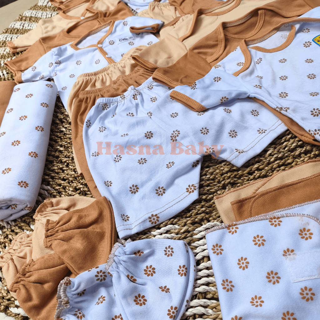 Paket Lahiran 39Pcs Lengkap Baju bayi Celana bayi baru lahir, Sartaki, Kupluk, Popok dan Gurita bayi seri Coklat Baby Newborn Gift set Paket Brojol- Juragan Lebak