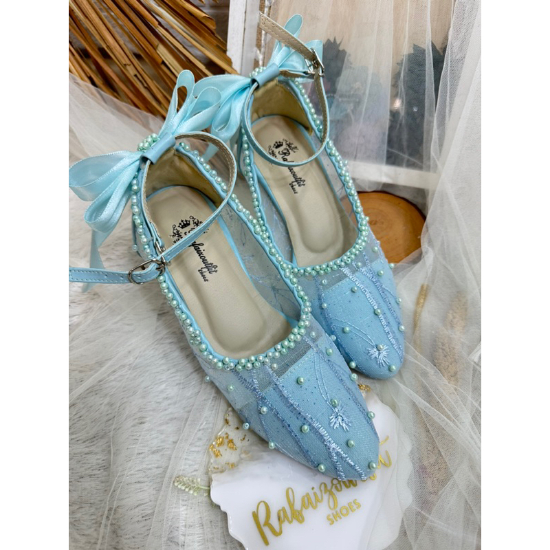 sepatu pesta jane wedding babyblue pita 7cm kaca