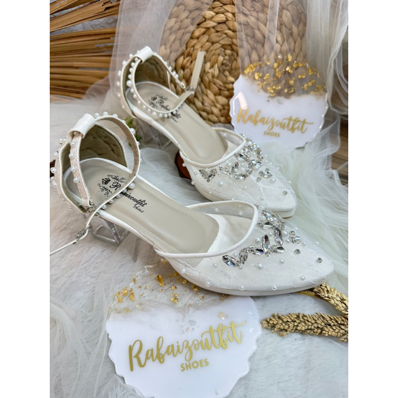 sepatu pesta Manda wedding putih 7cm kaca