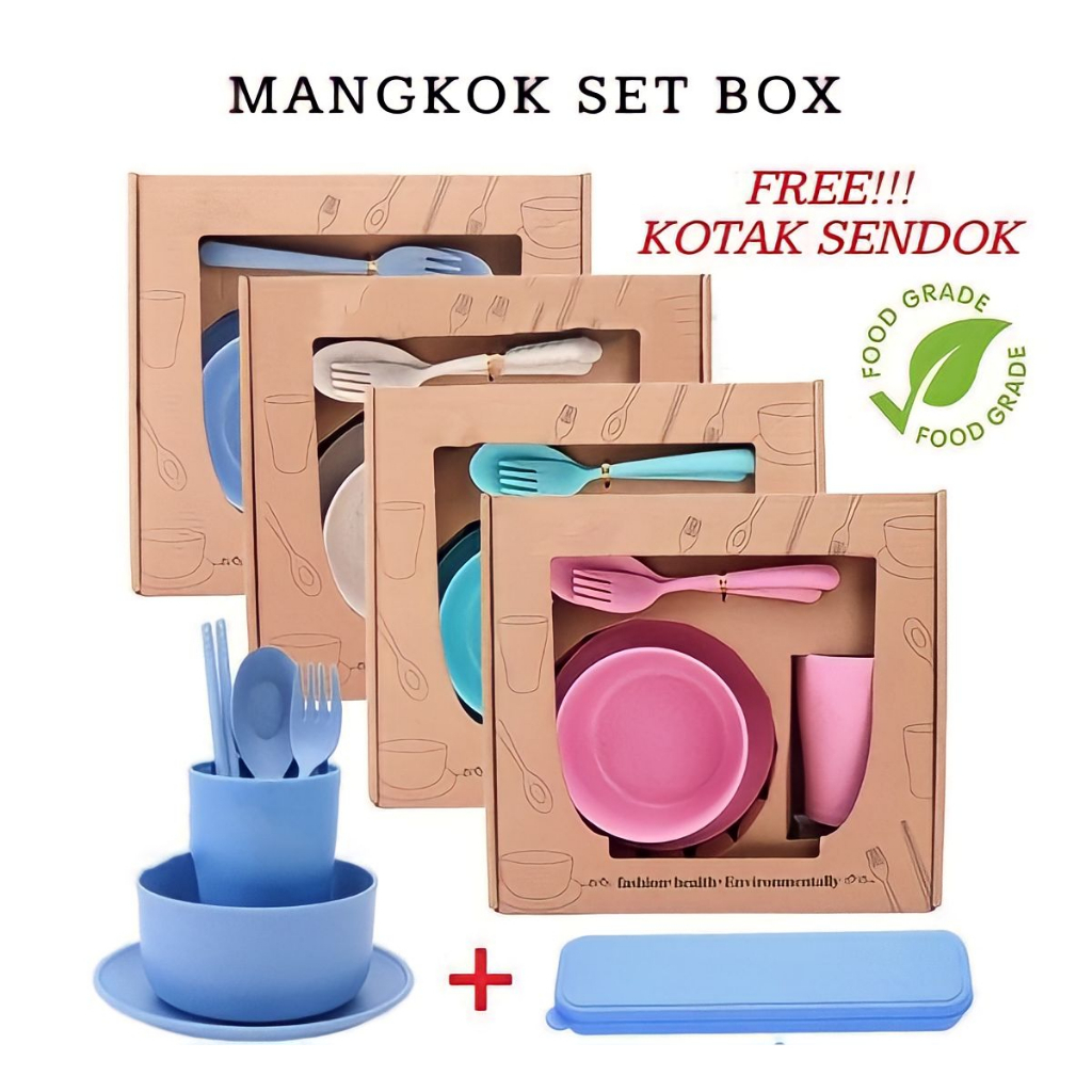 MAMASOO Satu Set Box Alat Makan Jerami Gandum Wheatstraw Piring/Mangkok/Gelas/Sendok/Sovenir/Souveni