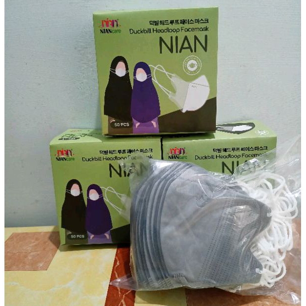 Masker Duckbill Hijab Dewasa Niancare Warna Pastel Silver Rust Abu-Abu Isi 50 Pcs 3 Ply Headloop
