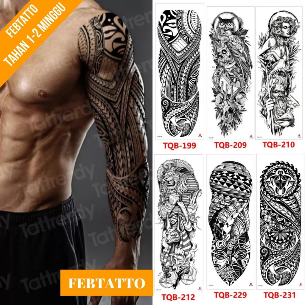 Tato Temporer Full Lengan Ukuran 17cm x 48cm Motif Tribal TQB 199 Tato Lengan Tato Dada Tato Tangan 