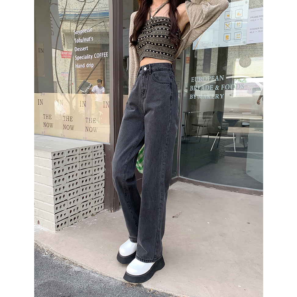 Celana Jeans Dark Grey loose straight Jeans Kekinian Import Highwaist Wanita