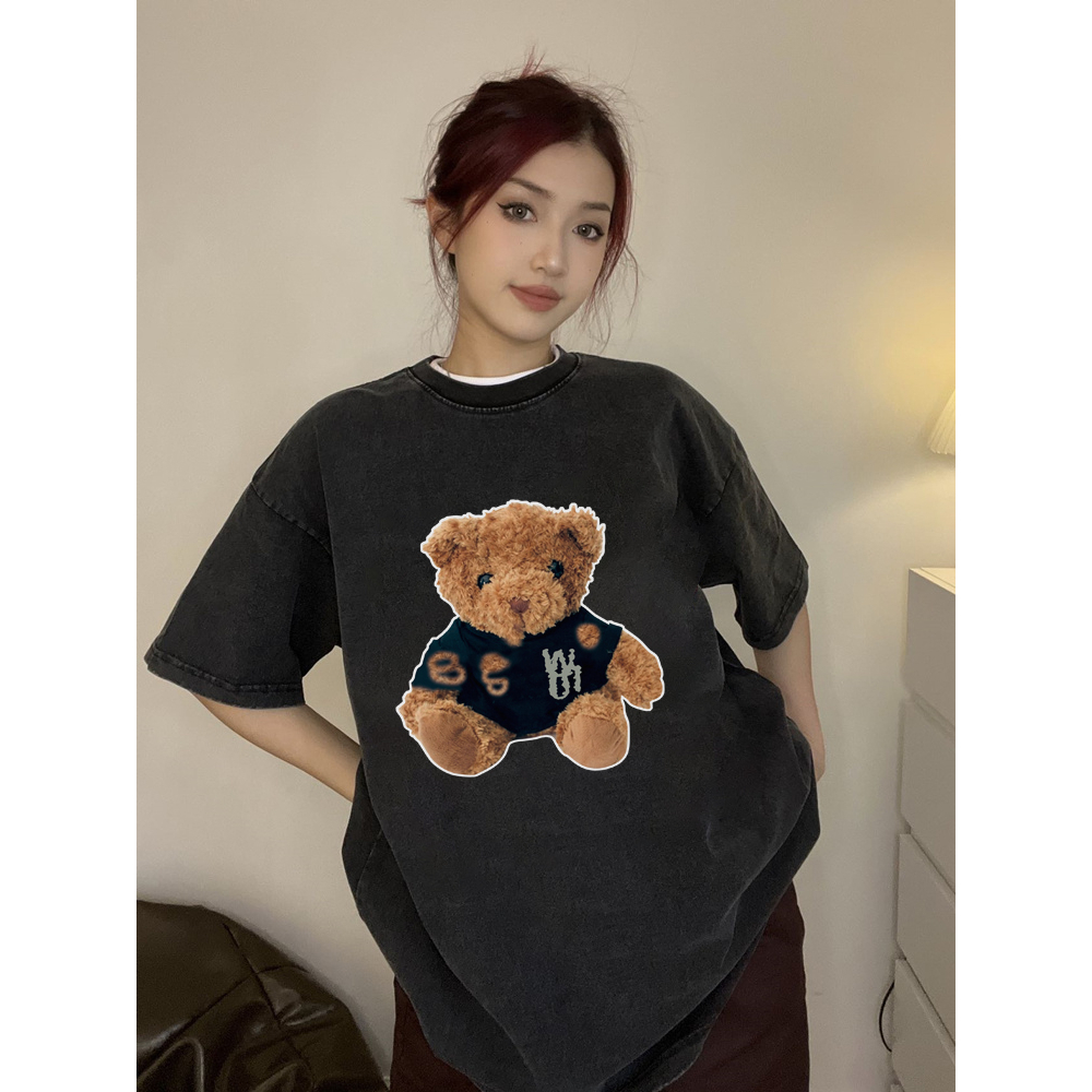 EUNII T-shirt Lengan Pendek Black Washed Retro Cartoon Plush Bear Printing Korean Style/Kaos Atasan Wanita/Baju Wanita/Kaos Wanita