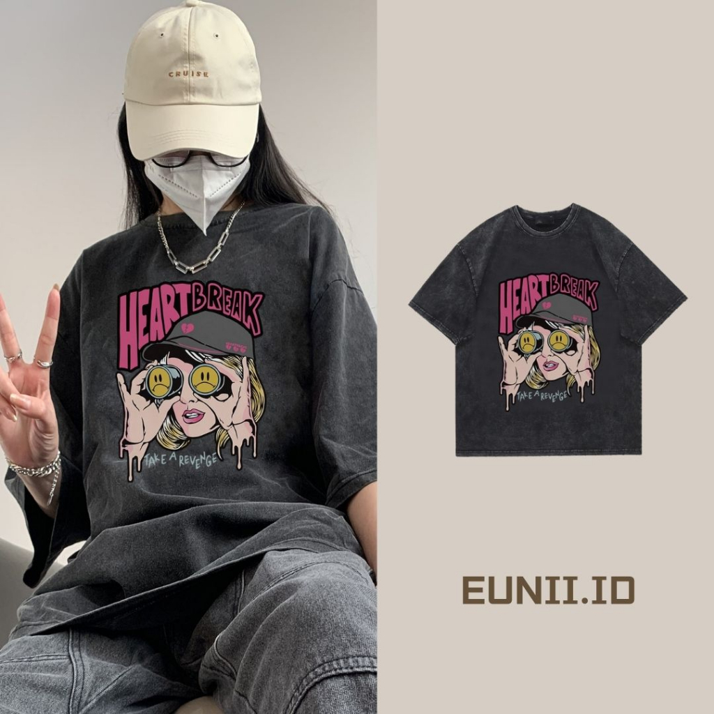 EUNII T-shirt Lengan Pendek Black Washed Retro Pink Heart Break Printing Korean Style/Kaos Atasan Wanita/Baju Wanita/Kaos Wanita