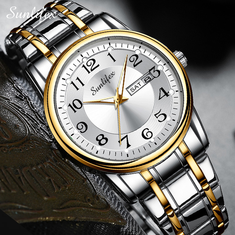 Sunlifex Jam Tangan Pria Anti Air Kuarsa Kalender Tali Stainless Steel Santai Mode Jam Tangan Cowok-3