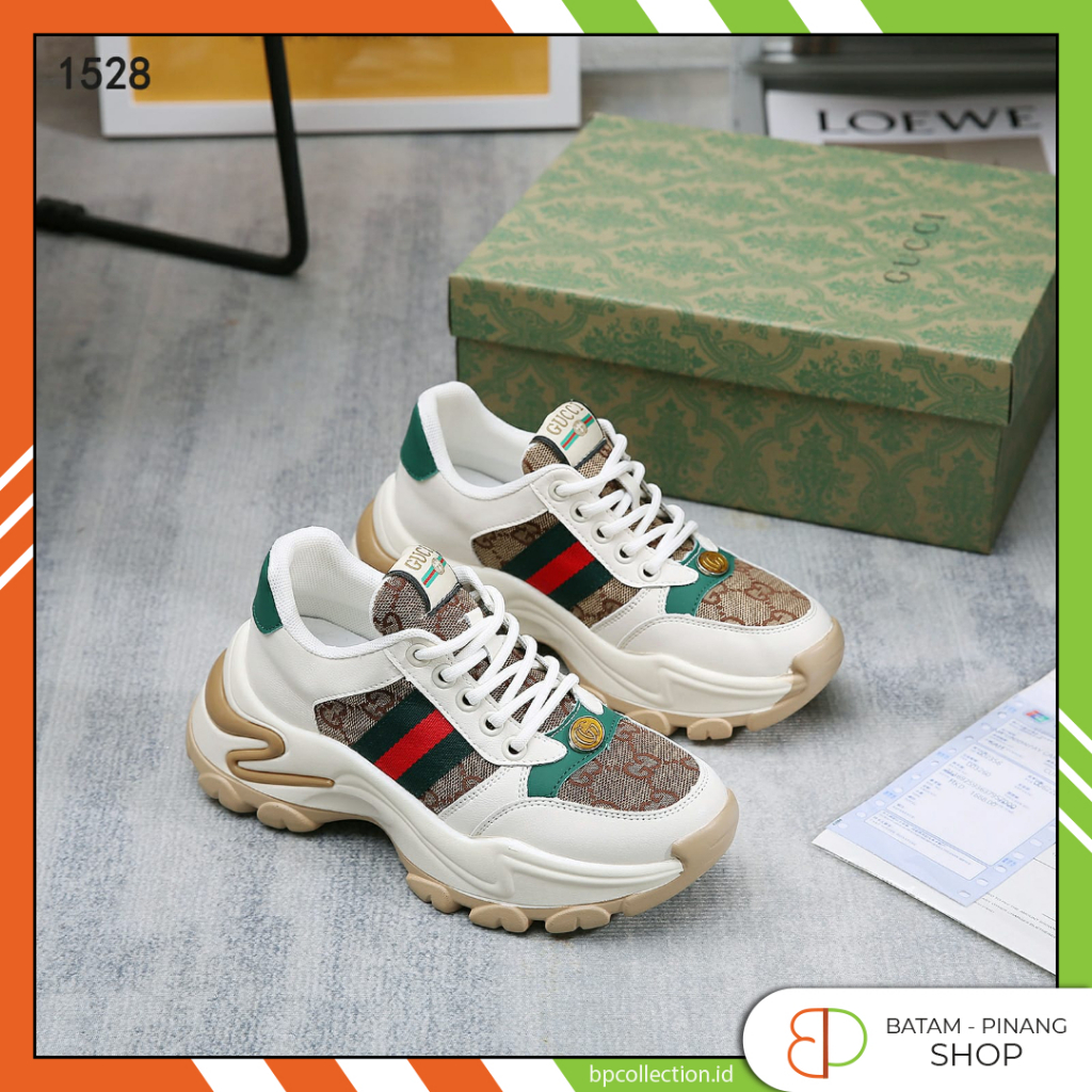 SEPATU Gucci GG Beige Ebony Rhyton Sneakers Shoes #1528 BP