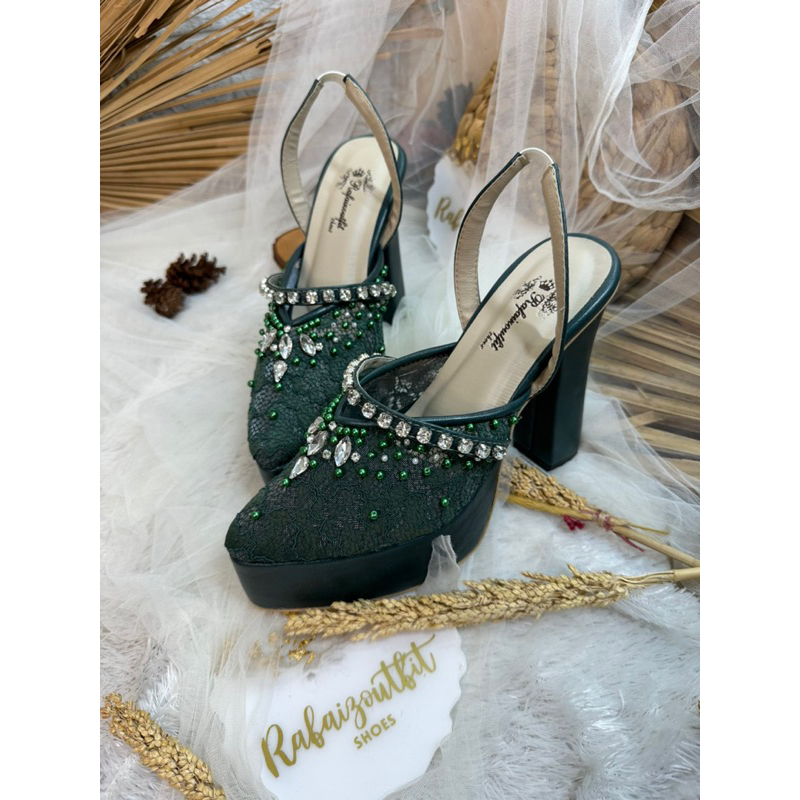 sepatu wanita wedding hijau botol diamont tali platform 12cm