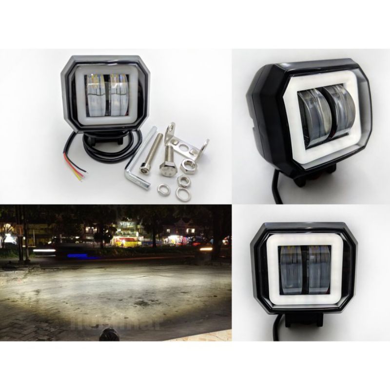 lampu tembak led 2 mata lensa d4 kotak/cwl 2 mata sorot lampu daymaker mini kotak foglamp angel ring