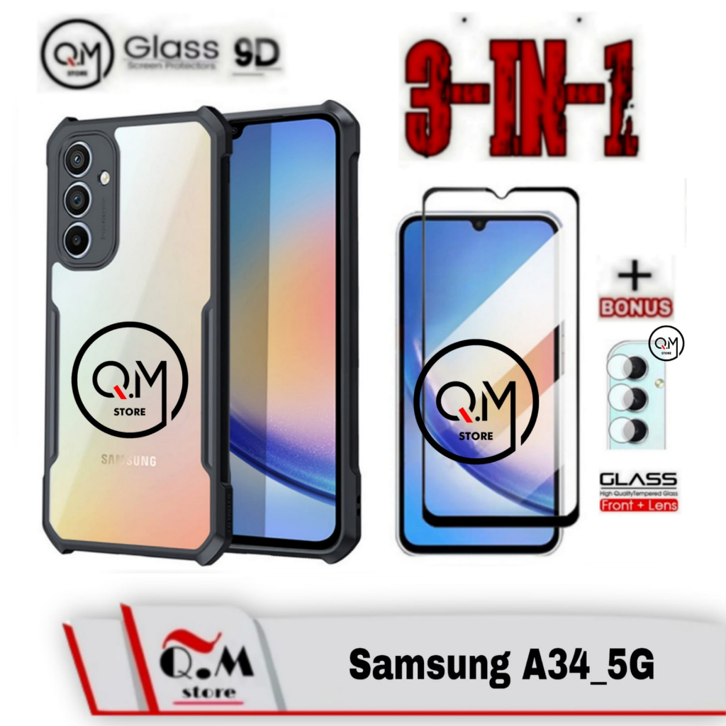 Paket 3 in1 Case Samsung A34 5G Softcase Transparan Armor Acrilik Pelindung Back Cover