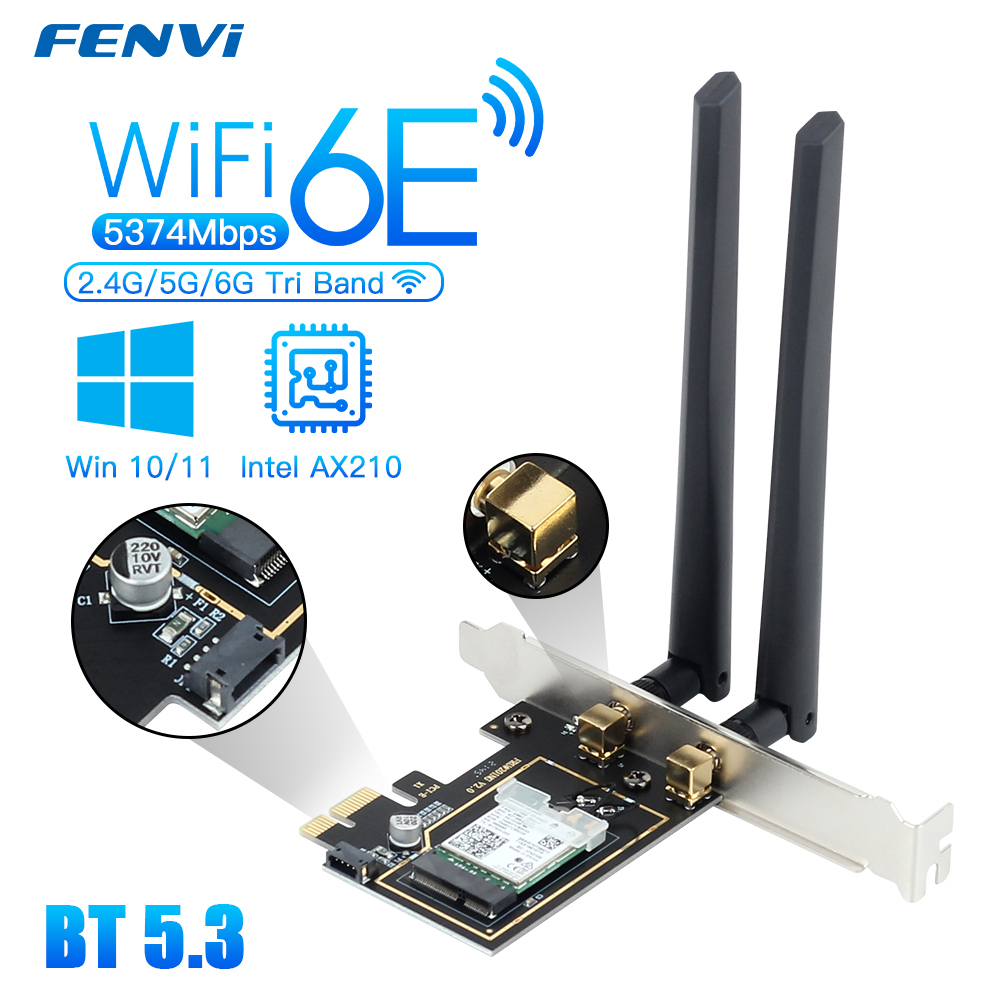 Intel AX210 WiFi 6E Tri-Band 2.4G/5G/6Ghz 5374Mbps 802.11ax Bluetooth 5.3 PCIe Wireless Adapter Kit Wi-Fi Card