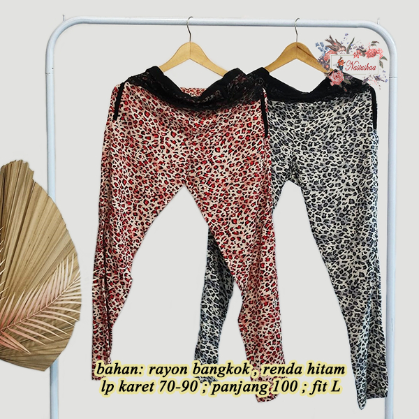 Celana Panjang Wanita Motif Leopard / Tutul Bahan Rayon Pant Wanita Slim Fit Kombinasi Renda High Waist Kasual Kekinian Fit L