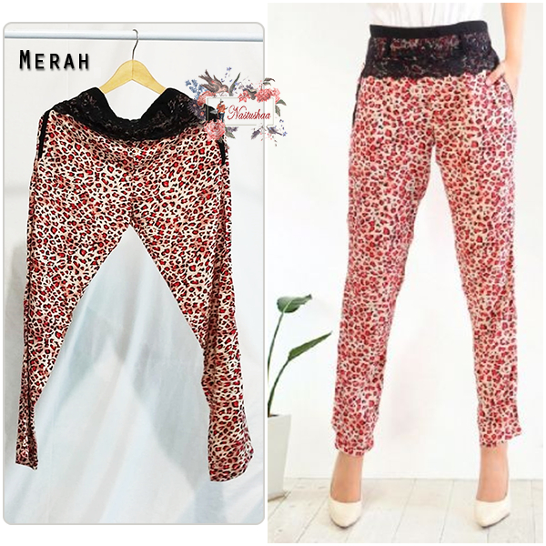 Celana Panjang Wanita Motif Leopard / Tutul Bahan Rayon Pant Wanita Slim Fit Kombinasi Renda High Waist Kasual Kekinian Fit L
