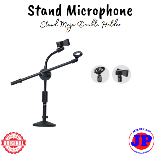 Stand Microphone Meja Double Holder Standing Podium Cagak Kaki Bulat