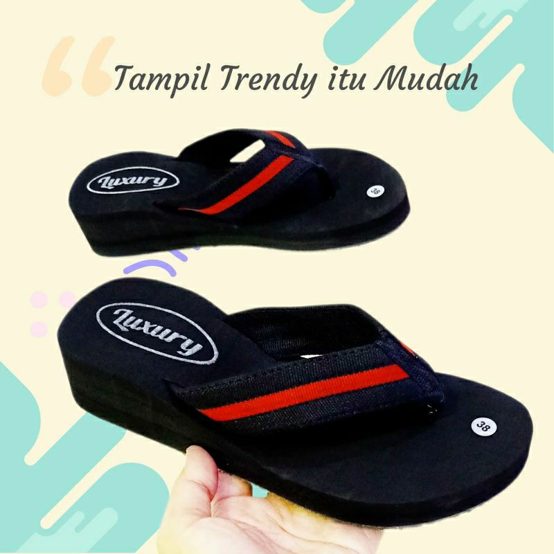 Sandal Wanita Terbaru insole Karet Sandal Jepit Wanita  Sandal Jepit Spon Sandal Wedges Sendal Wanita Kekinian Sandal Cewek Sandal Santai Sandal Casual ( STRIP MERAH )