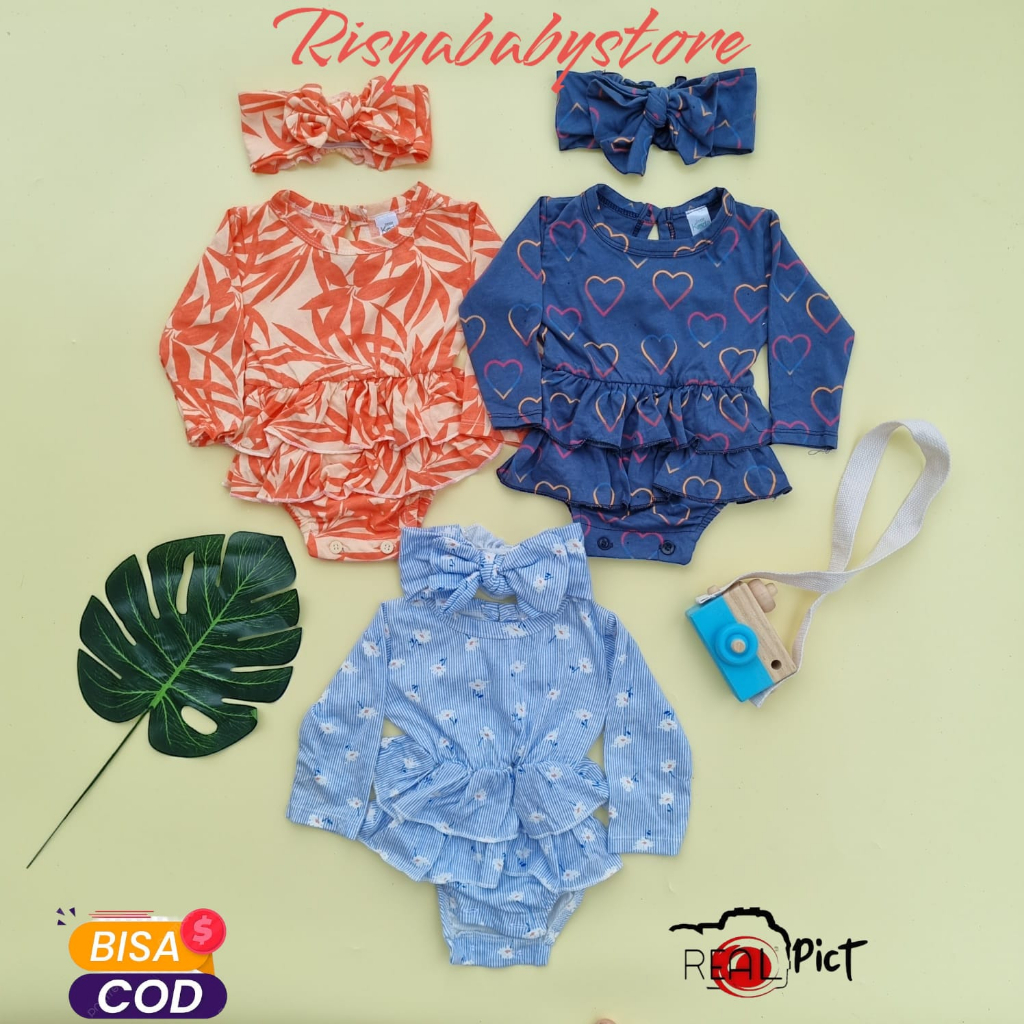 0-12BLN ROMPER BAYI SHAKIRA JUMPER BAYI PEREMPUAN WITH HEADBAND JUMPER HARIAN BAYI CEWEK BY LITTLE KODA