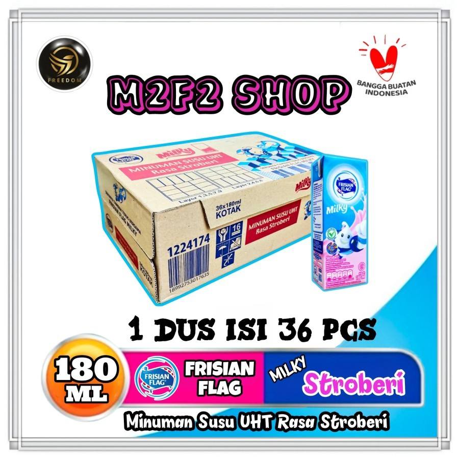 Frisian Flag Susu Bendera Cair Milky Zuzhu Kotak UHT Rasa Stroberi | Strawberry - 180 ml Kemasan Kar