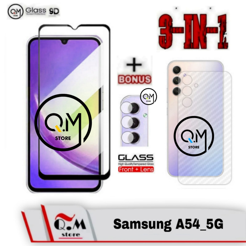 Paket 3 IN1 Tempered Glass 9D Samsung A54 5G Anti Gores Pelindung Layar Handphone Aksesoris